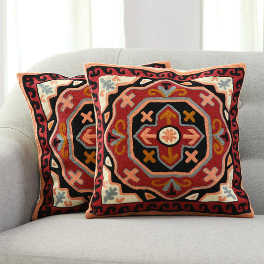Modern Art Embroidered Handwoven Cotton Cushion Covers (Pair)