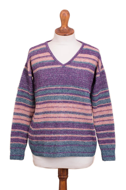 Mesa Sunrise Multi-Color Stripe Alpaca Blend Long Sleeve V-Neck Sweater