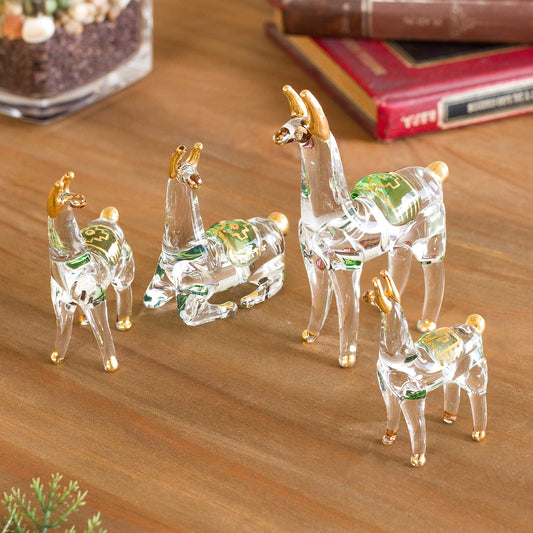 Llama Family Gilded Clear Glass Llama Figurines from Peru (Set of 4)