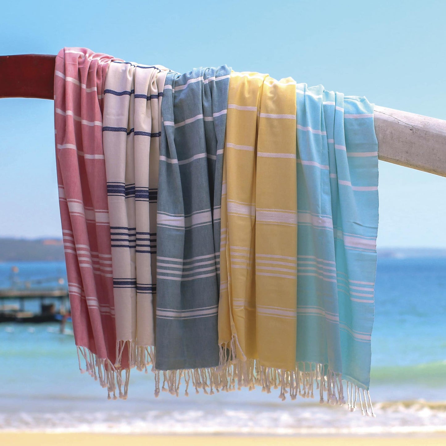Sweet Relaxation in Snow White Snow White Cotton Beach Towel with Indigo Stripes