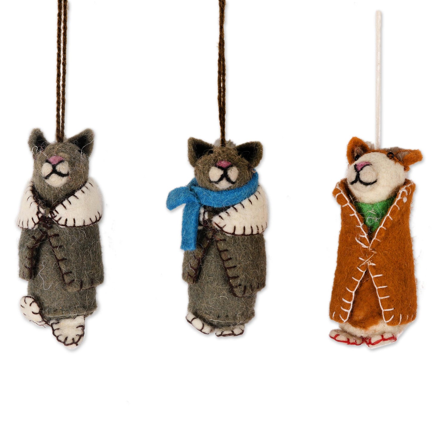 Cozy Animals Embroidered Wool Cat Ornaments from India (Set of 6)