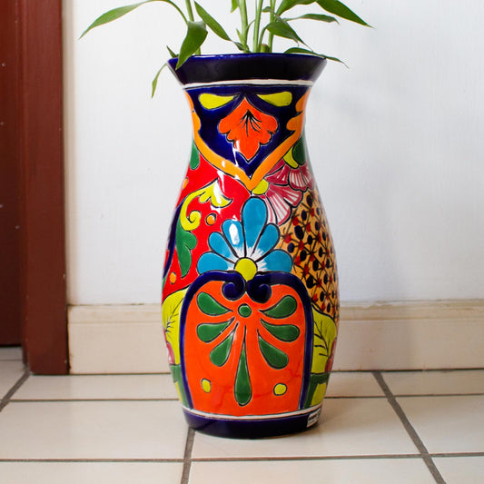 Colorful Curves Curvy Talavera-Style Ceramic Vase Crafted in Mexico