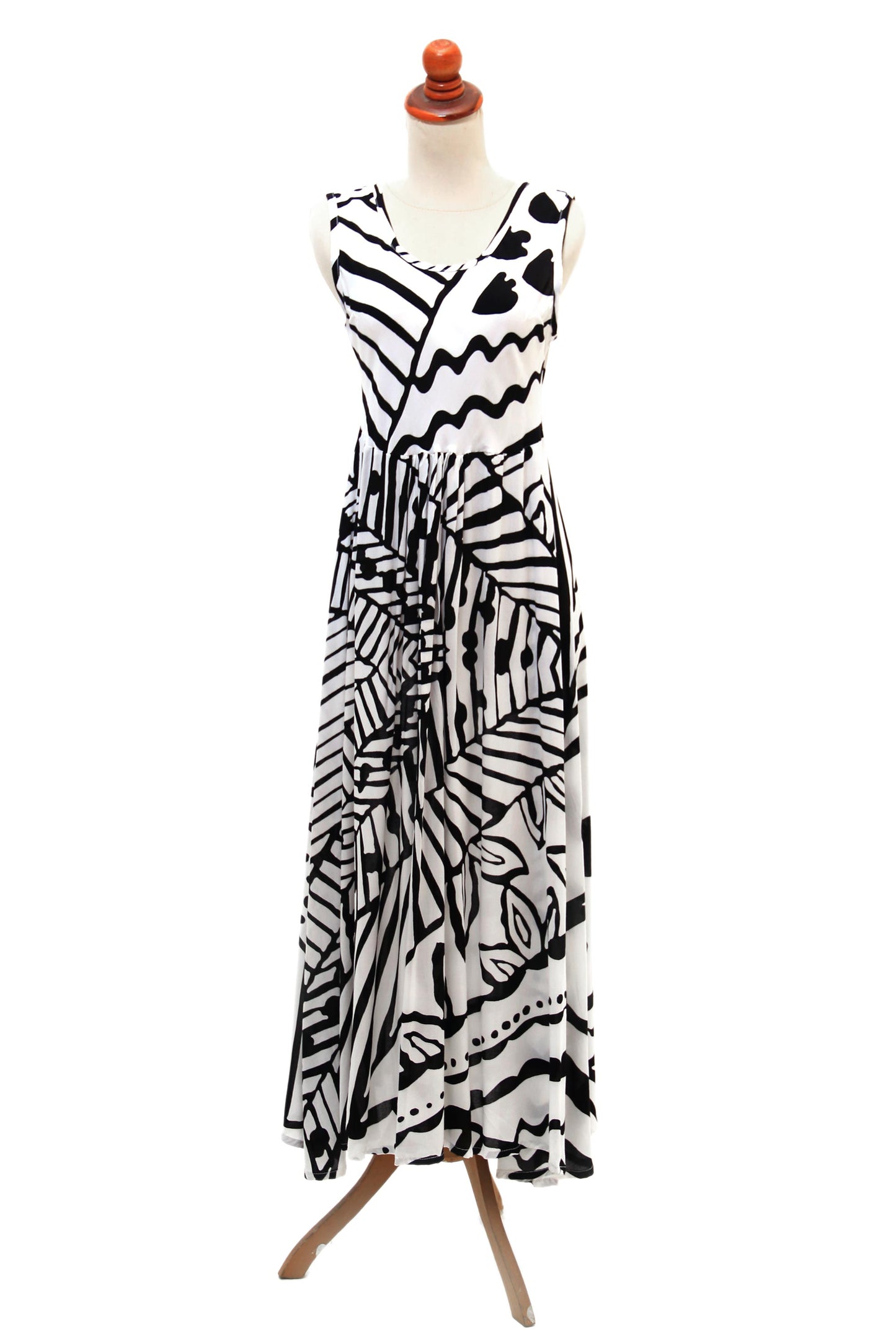 Black and White Jungle Onyx and Eggshell Rayon A-Line Dress from Bali