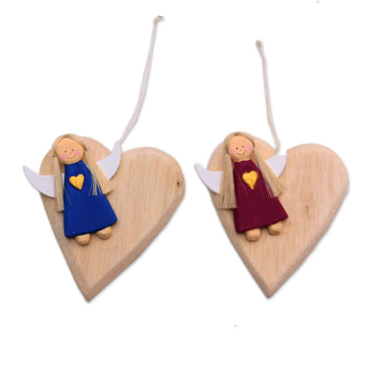 Heart of Angels Heart-Shaped Albesia Wood Angel Ornaments from Bali (Pair)