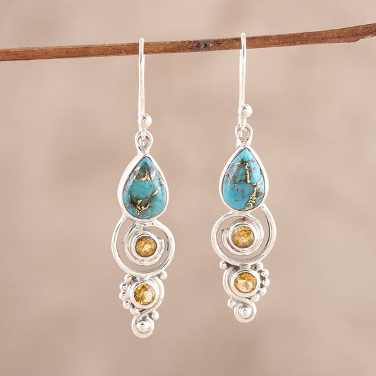Glistening Curl Citrine and Composite Turquoise Dangle Earrings from India