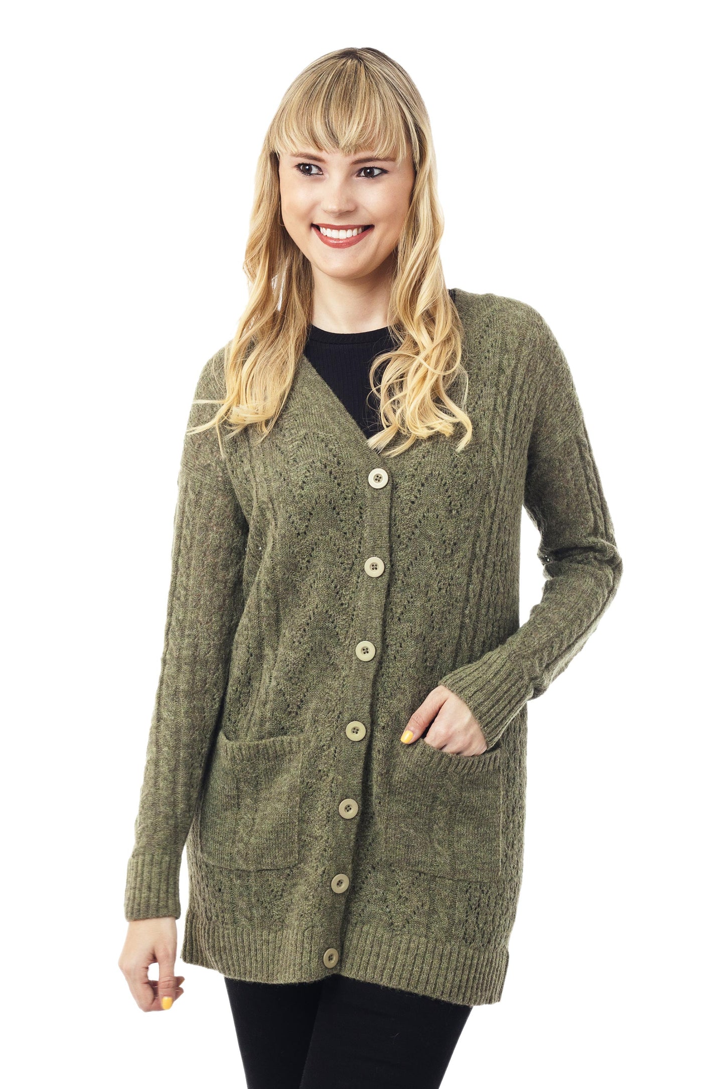 Comfortable Charm in Olive Cable Knit Baby Apaca Blend Cardigan in Olive from Peru