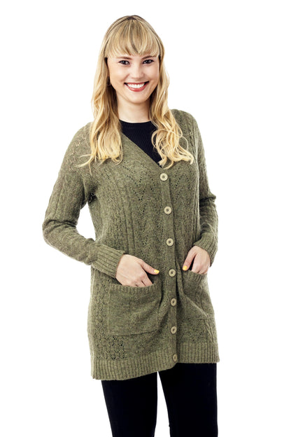 Comfortable Charm in Olive Cable Knit Baby Apaca Blend Cardigan in Olive from Peru