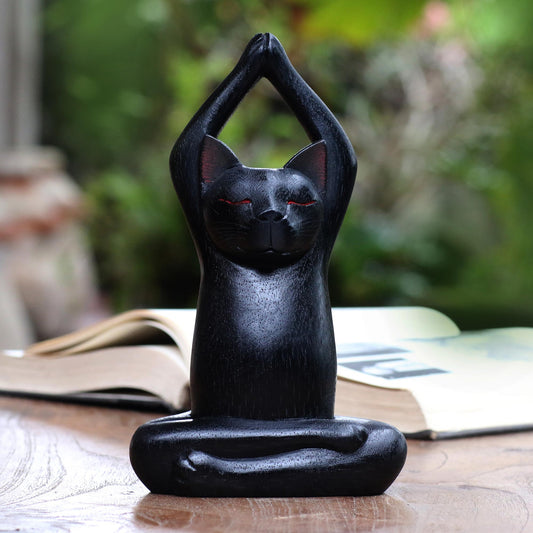 Toward the Sky Black Yoga Cat Black Suar Wood Asana Pose Yoga Cat Sculpture from Bali