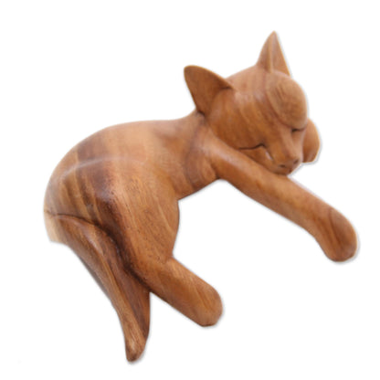 Snoozing Cat Natural Finish Suar Wood Sleeping Cat Sculpture from Bali