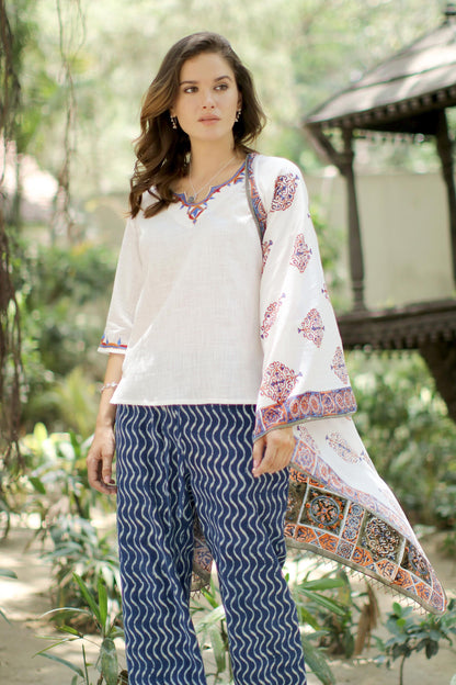 Mughal Glory Block-Printed Cotton Shawl from India