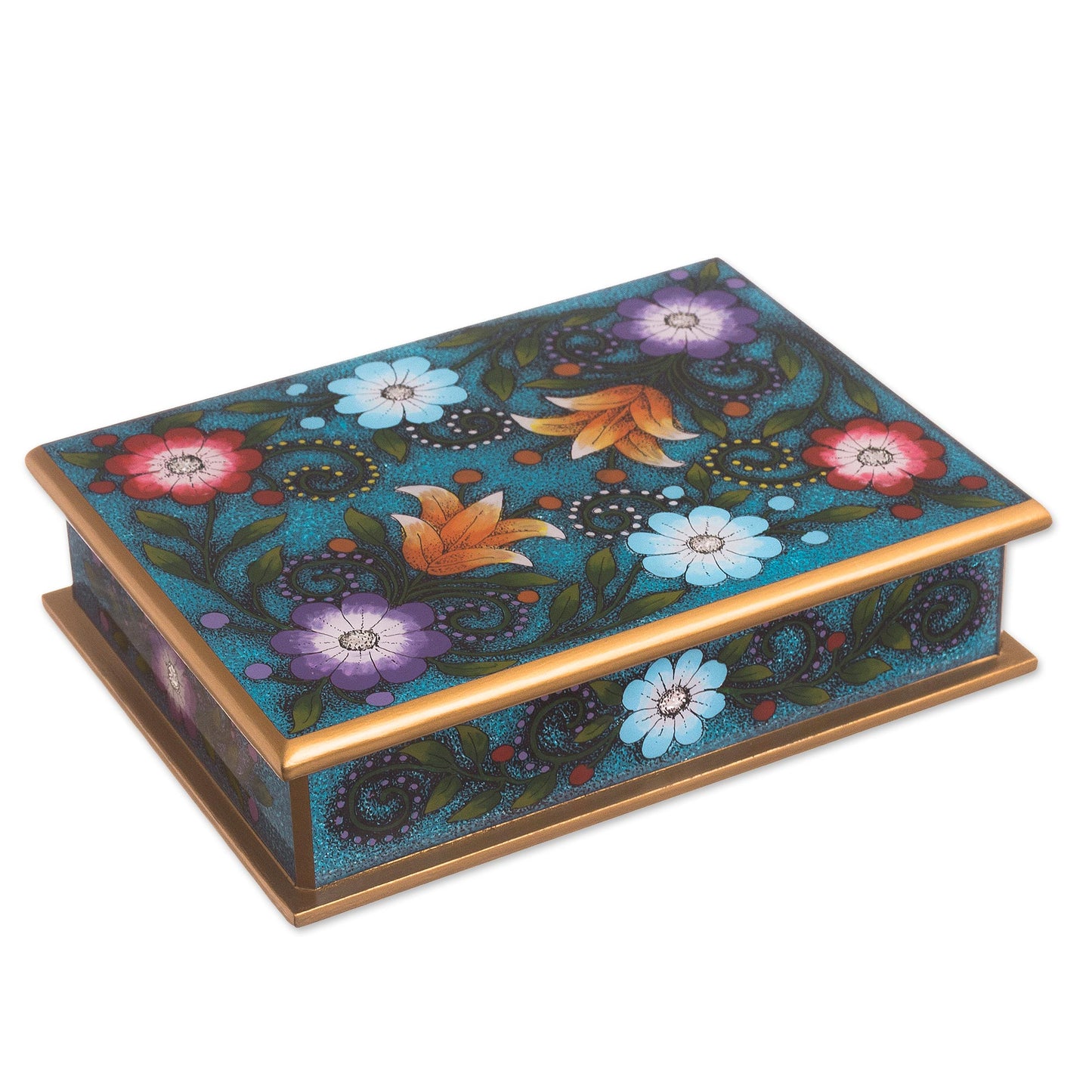 Margarita Garden in Blue Floral Reverse-Painted Glass Decorative Box in Blue