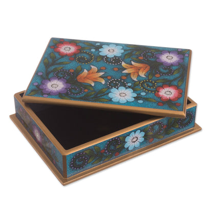 Margarita Garden in Blue Floral Reverse-Painted Glass Decorative Box in Blue