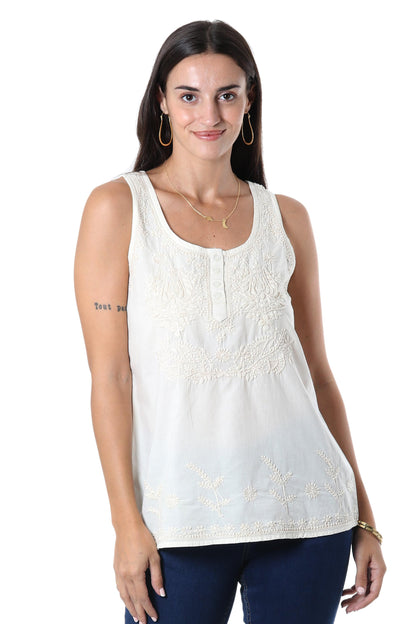 Casual Elegance Ivory Sleeveless Cotton Top with Chikankari Embroidery