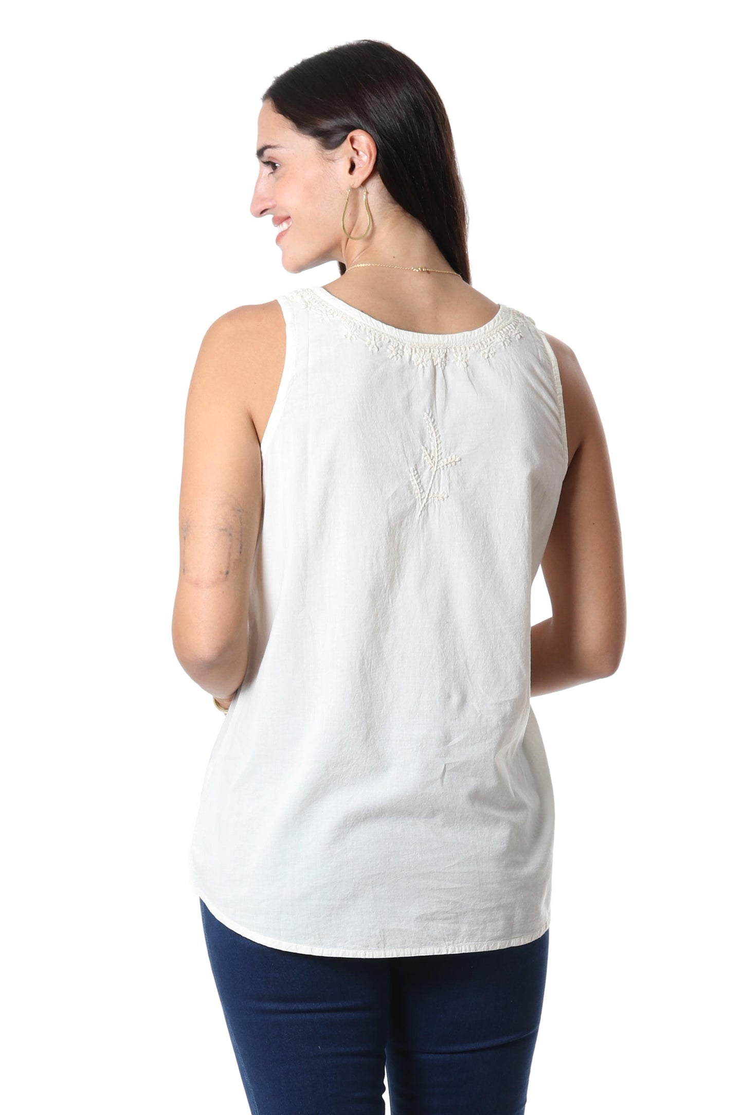 Casual Elegance Ivory Sleeveless Cotton Top with Chikankari Embroidery