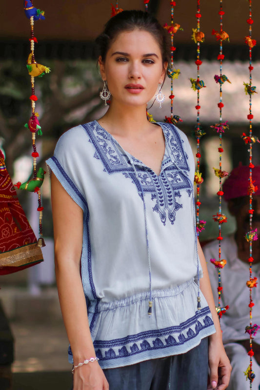 Jaipur Chic Light Blue Embroidered Viscose Blouse