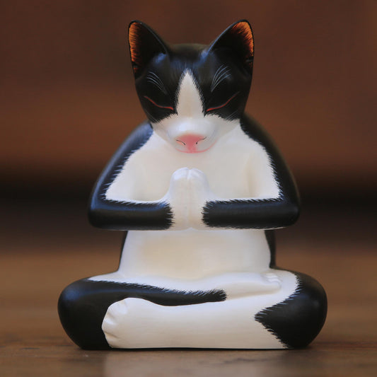 Meditating Tuxedo Kitty Wood Sculpture of a Meditating Tuxedo Cat from Bali