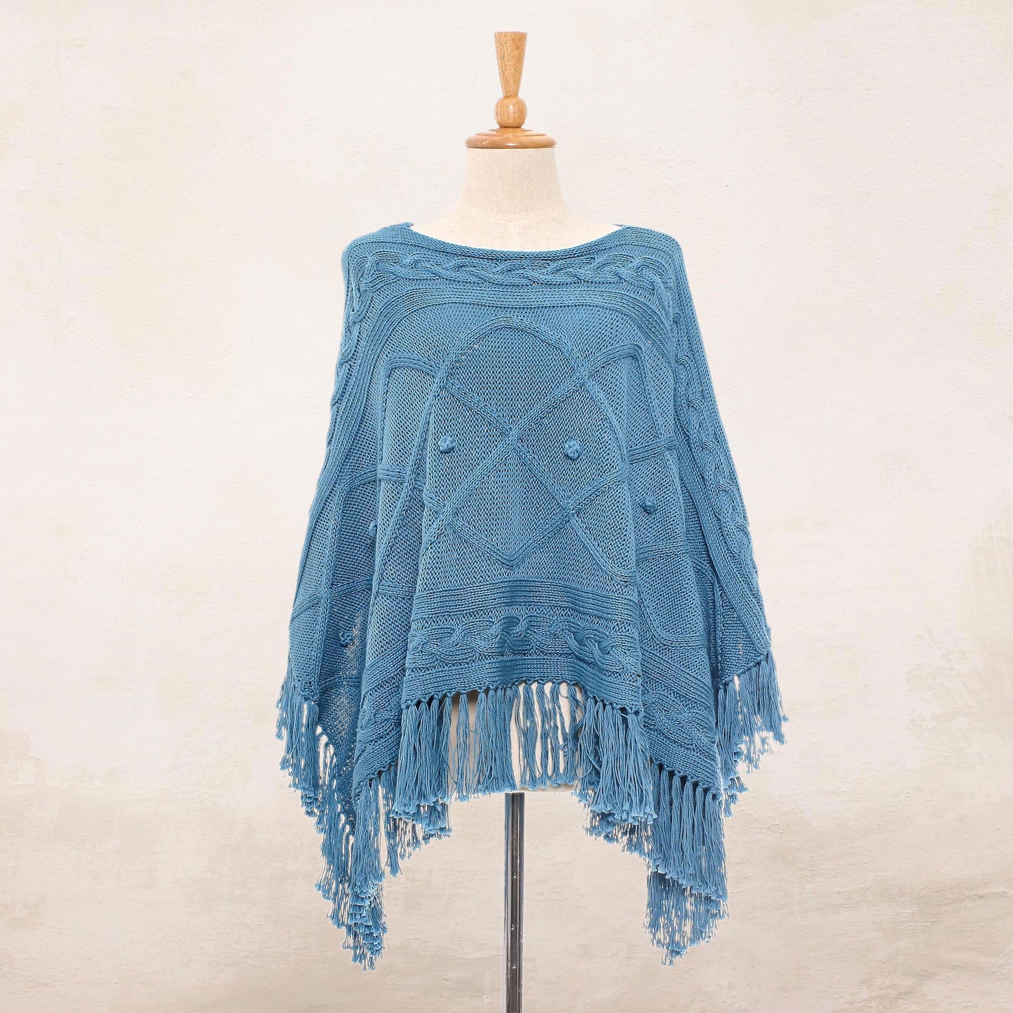 Charming Knit in Cerulean Short Knit Cotton Poncho in Cerulean from Thailand
