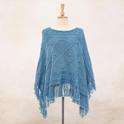 Charming Knit in Cerulean Short Knit Cotton Poncho in Cerulean from Thailand