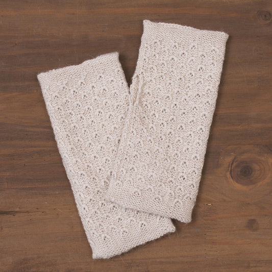 Passionate Pattern in Ivory Patterned 100% Baby Alpaca Fingerless Mitts in Ivory