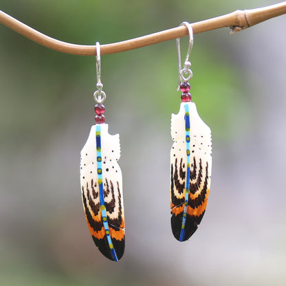 Antique Feathers Hand-Painted Bone and Amethyst Feather Dangle Earrings