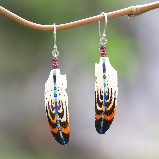 Antique Feathers Hand-Painted Bone and Amethyst Feather Dangle Earrings