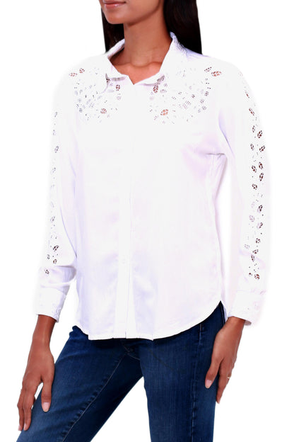 Floral Cloud in White Floral Rayon Button-Front Blouse in White from Bali
