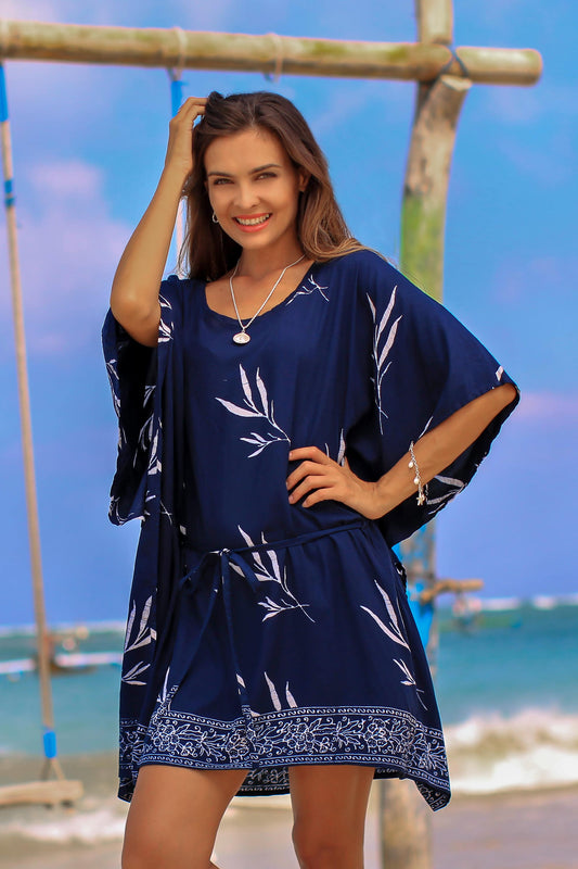 Balinese Breeze in Midnight Batik Rayon Caftan in Midnight and White from Bali