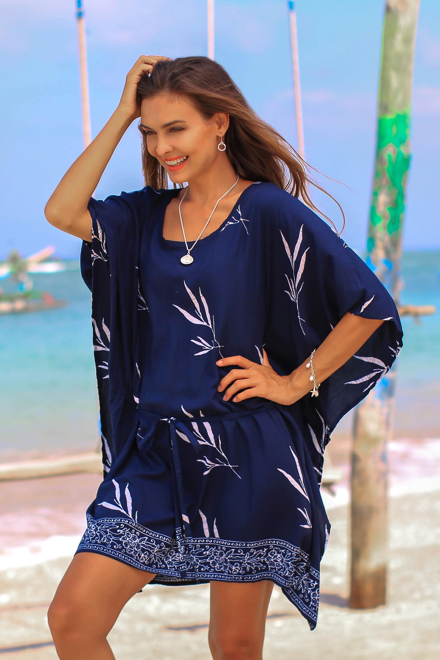 Balinese Breeze in Midnight Batik Rayon Caftan in Midnight and White from Bali
