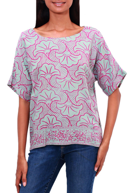 Gingko Leaf Batik Rayon Shirt in Mint and Magenta from Bali