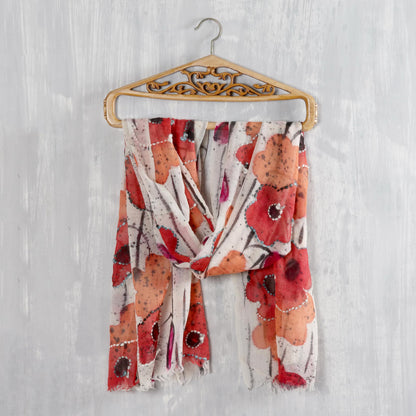 Morning Allure Red and Orange Floral Wool Shawl from India