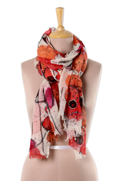 Morning Allure Red and Orange Floral Wool Shawl from India