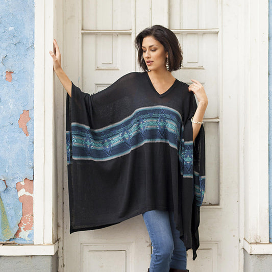 Seasonal Escape Artisan Crafted Cotton Blend Poncho in Black and Blue