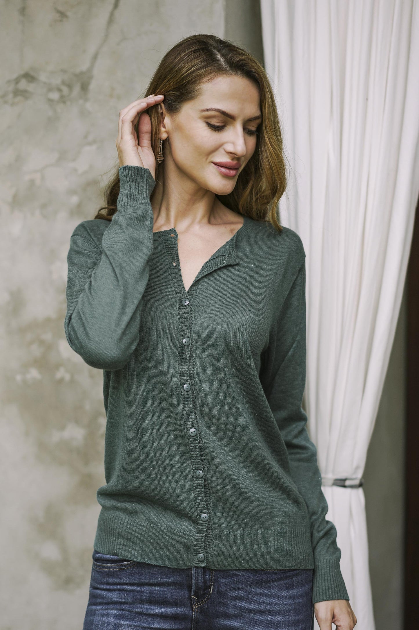 Simple Style in Viridian Cotton Blend Green Cardigan Sweater from Peru