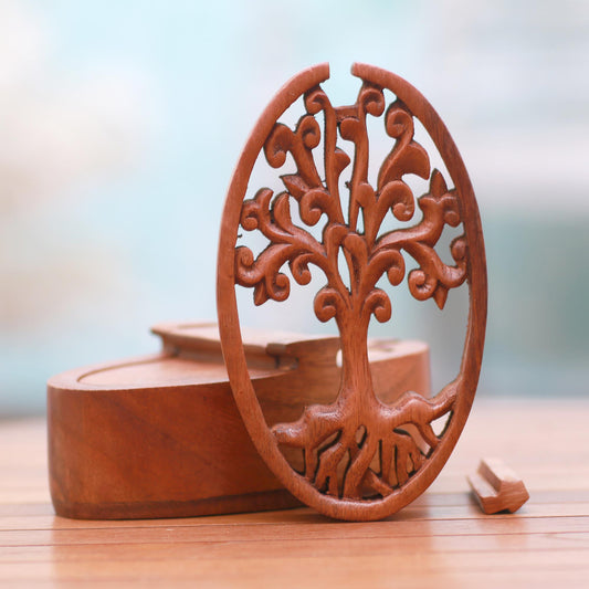 Tree Oval Tree-Themed Suar Wood Puzzle Box from Bali