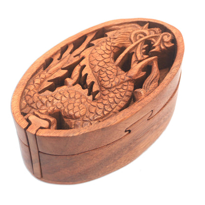 Dragon Oval Dragon-Themed Suar Wood Puzzle Box from Bali