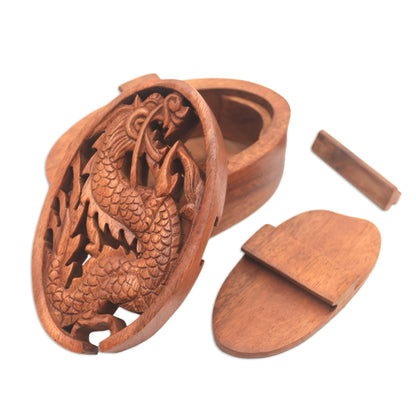 Dragon Oval Dragon-Themed Suar Wood Puzzle Box from Bali