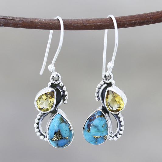 Two Teardrops Citrine and Composite Turquoise Teardrop Dangle Earrings
