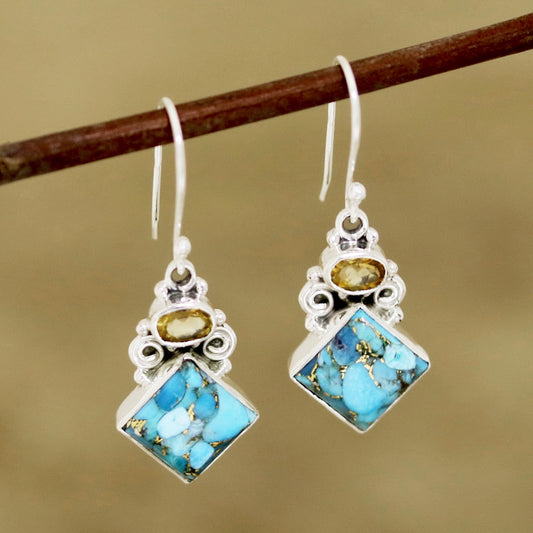 Sky Fragments Citrine and Composite Turquoise Dangle Earrings from India