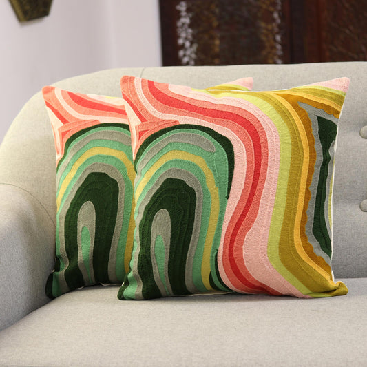 Abstract Evening Colorful Abstract Embroidered Cotton Cushion Covers (Pair)
