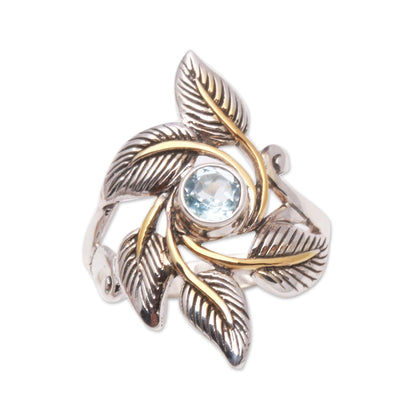 Wreathed in Leaves Leafy Gold-Accented Blue Topaz Cocktail Ring from Bali