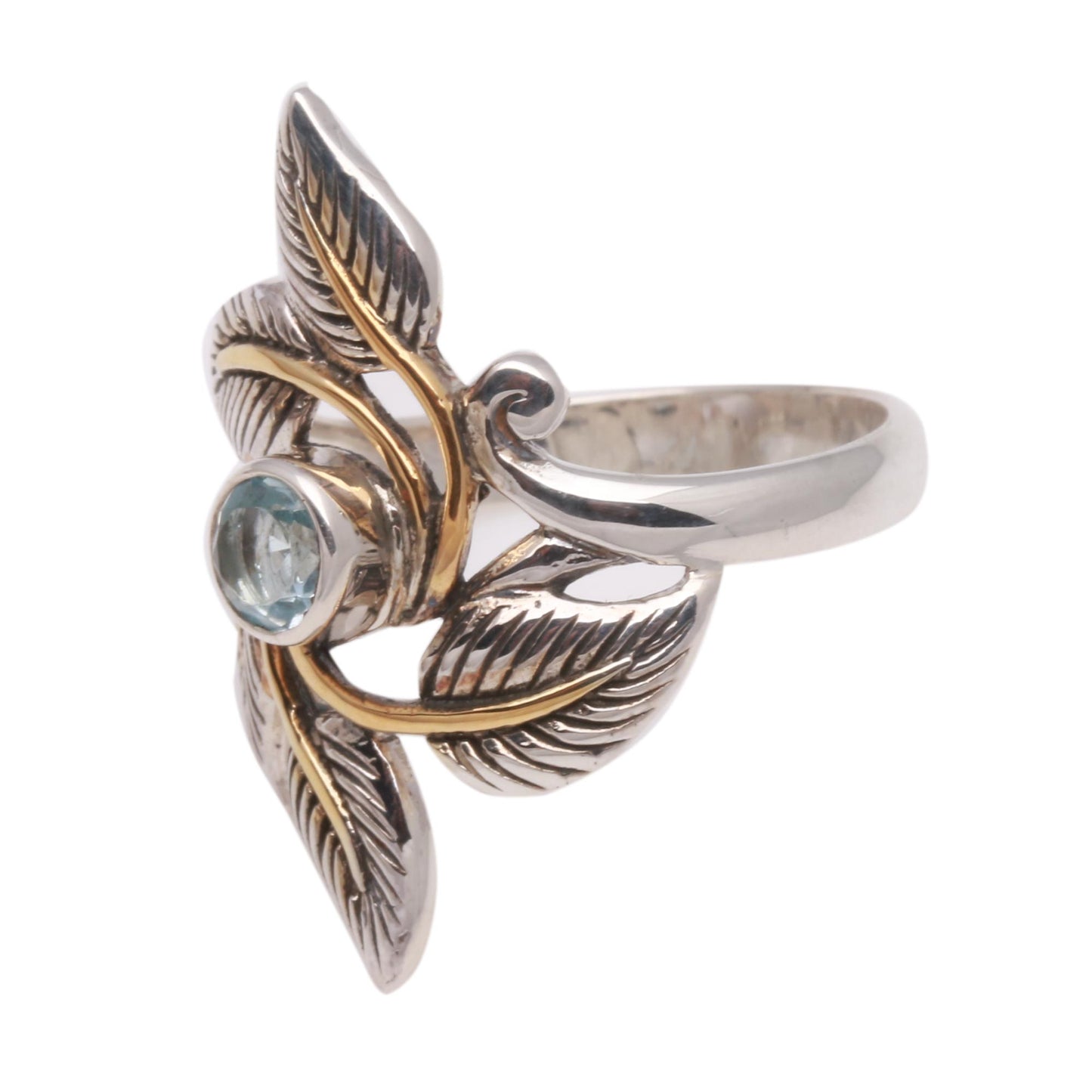 Wreathed in Leaves Leafy Gold-Accented Blue Topaz Cocktail Ring from Bali