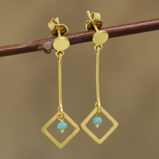 Square Dazzle 22k Gold Plated Chalcedony Dangle Earrings from India