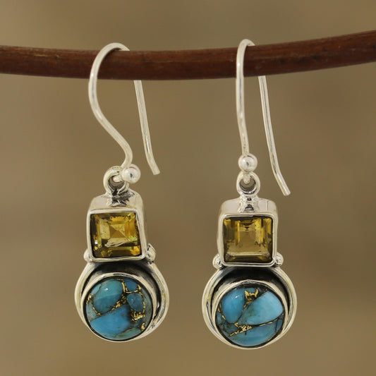 Glittering Combo Square Citrine and Composite Turquoise Dangle Earrings