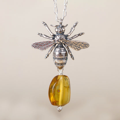 Worker Bee Bee-Themed Amber Pendant Necklace from Mexico