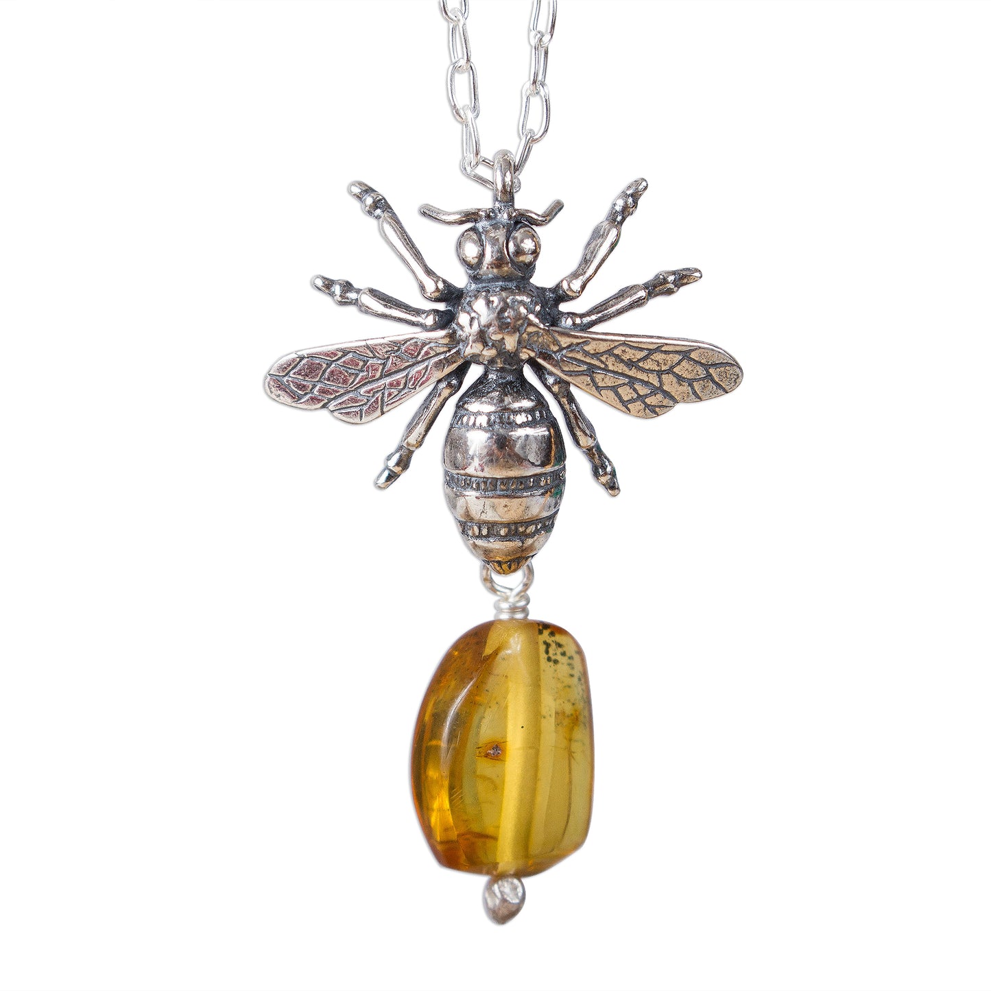 Worker Bee Bee-Themed Amber Pendant Necklace from Mexico