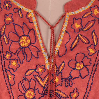 Delhi Spring in Russet Floral Embroidered Cotton Blouse in Paprika from India