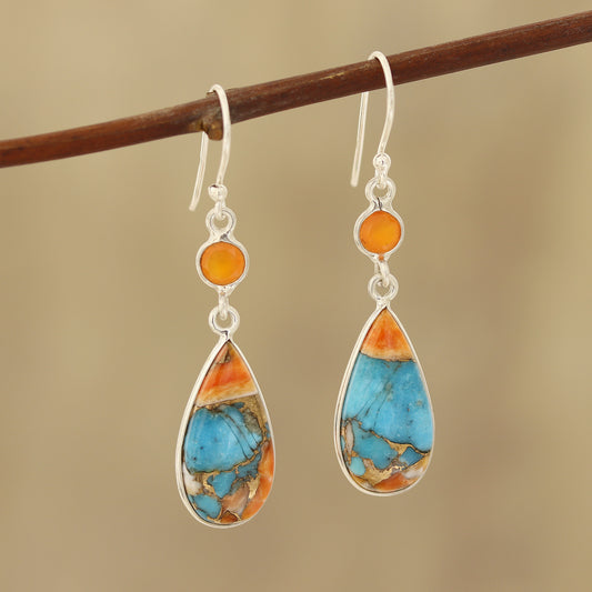 Teardrop Glamour Carnelian and Composite Turquoise Dangle Earrings from India