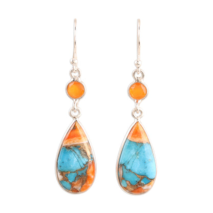 Teardrop Glamour Carnelian and Composite Turquoise Dangle Earrings from India
