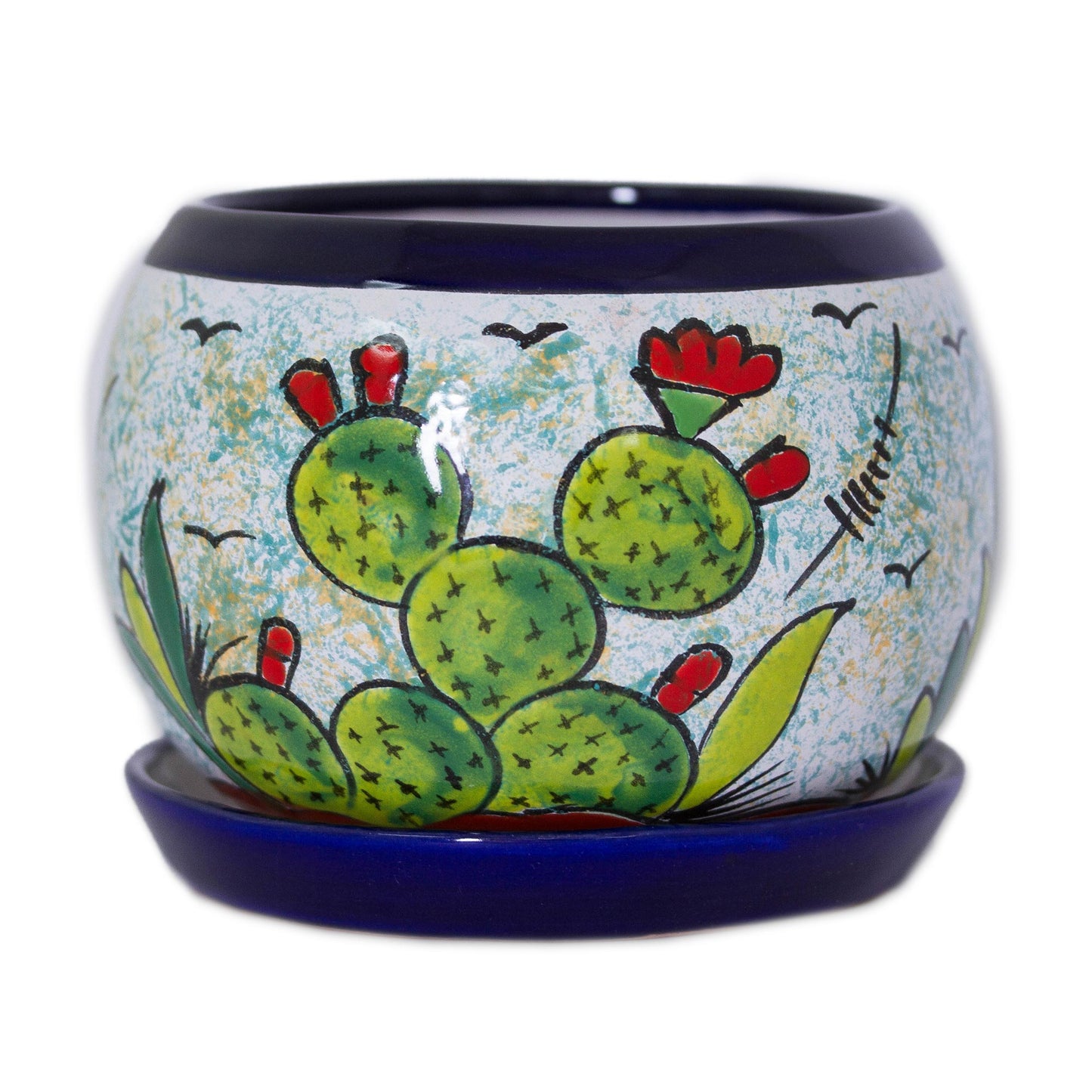 Mexican Memories Handcrafted Ceramic Flower Pot with Cactus Images
