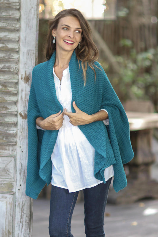 Chic Warmth in Teal Patterned Knit Cotton Shawl in Teal from Thailand